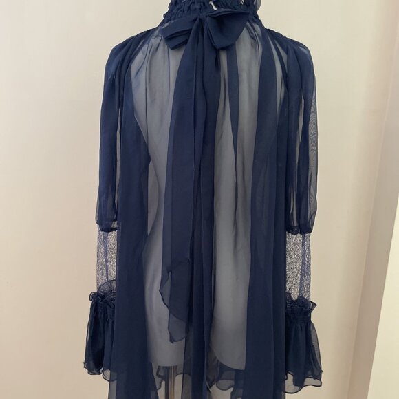 Gracia Sheer Ruffled Mini Dress Tunic Size L Navy Oversized Fairy Bridgerton - Picture 8 of 12